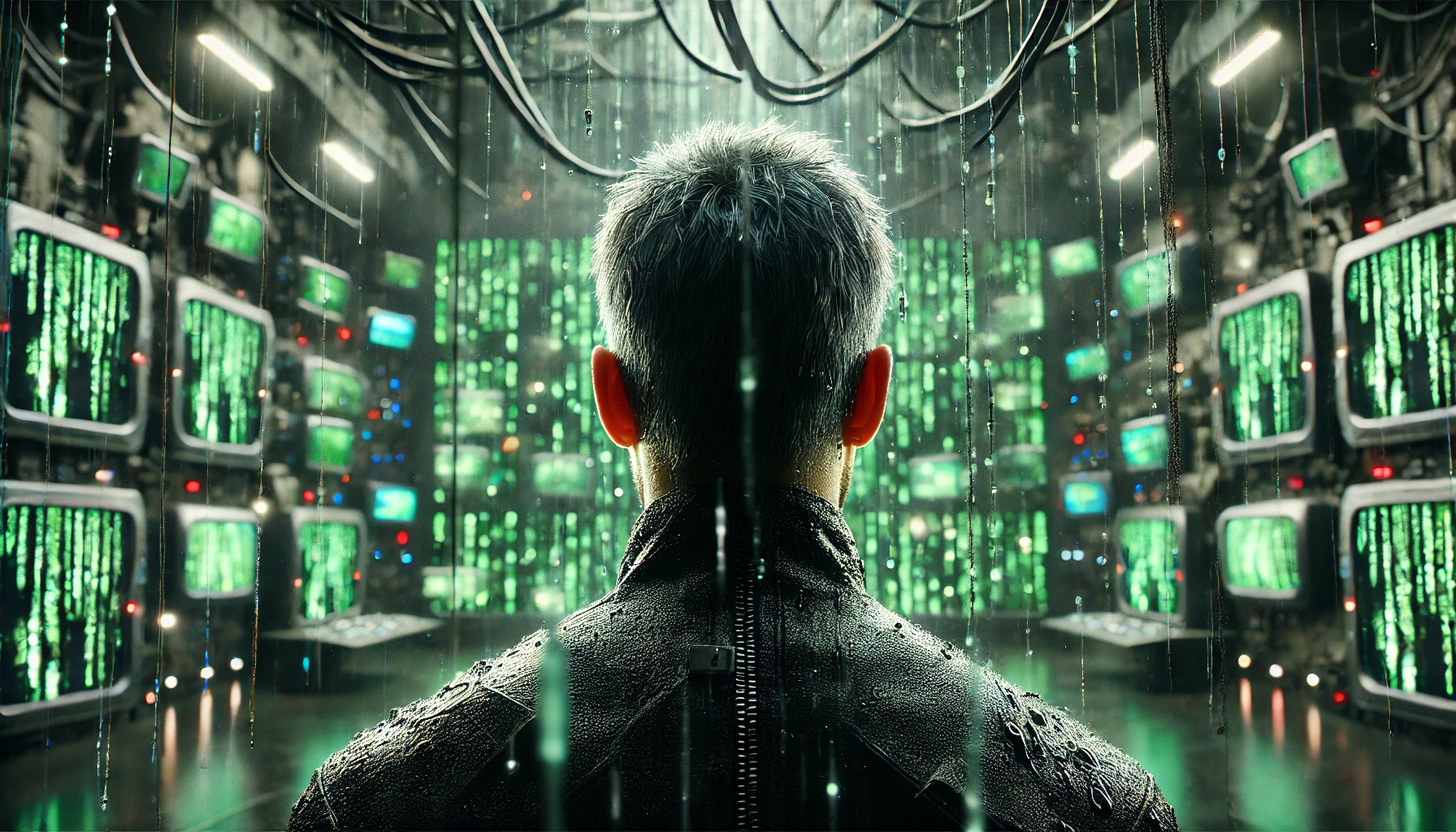A shot from behind a person, surrounded by dark, metallic elements and green digital rain, capturing the tense, dystopian atmosphere of The Matrix.
