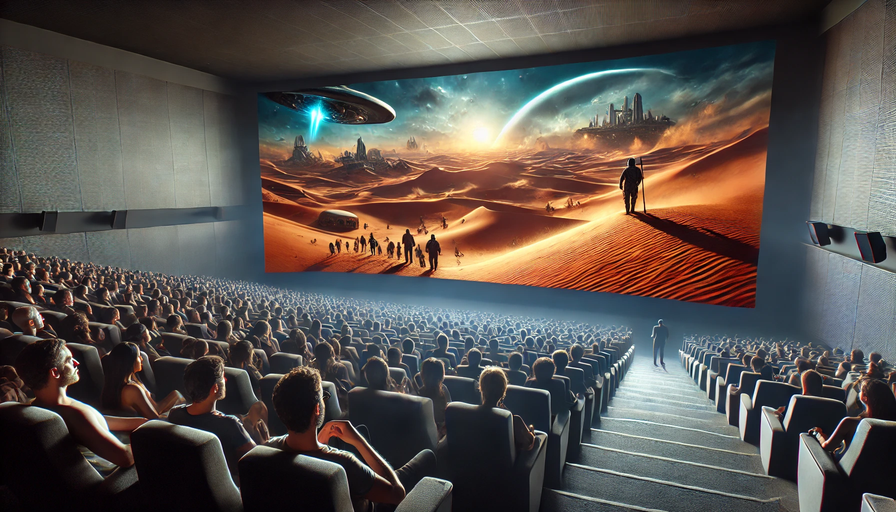 people sitting in a modern cinema watching a movie, with a large screen in front displaying an epic sci-fi scene from Dune: Part Two.