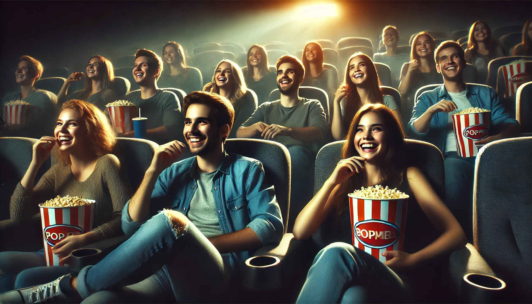 group of friends sitting together in a cinema, enjoying a movie. They are seated in comfortable chairs, smiling.