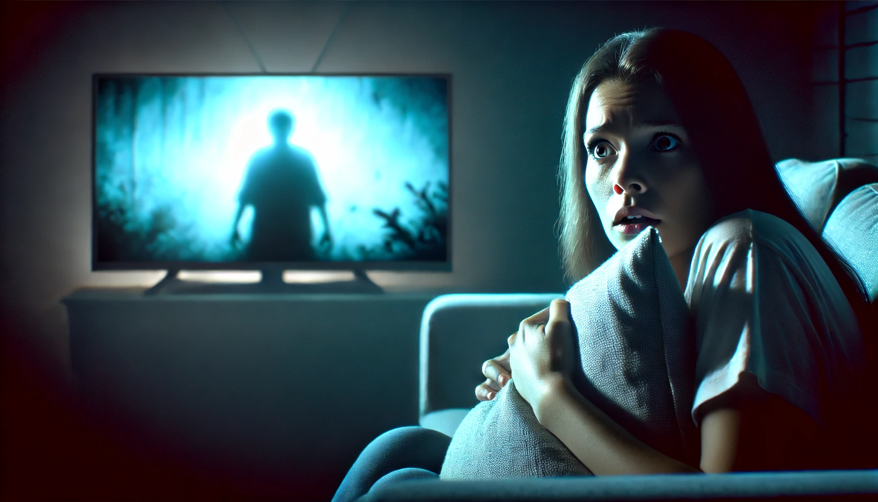 A young woman who is afraid as she watches a horror movie on TV alone at night. The scene is dimly lit, with the glow of the TV screen casting a blue light on her face. She is sitting on a couch, gripping a pillow, and looking scared. 