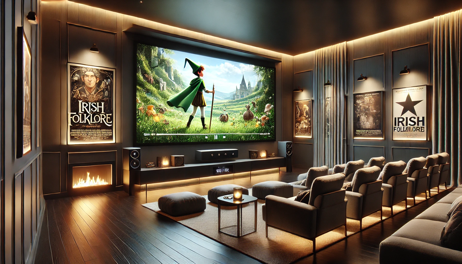 A modern home cinema room showcasing an animated film inspired by Irish folklore.