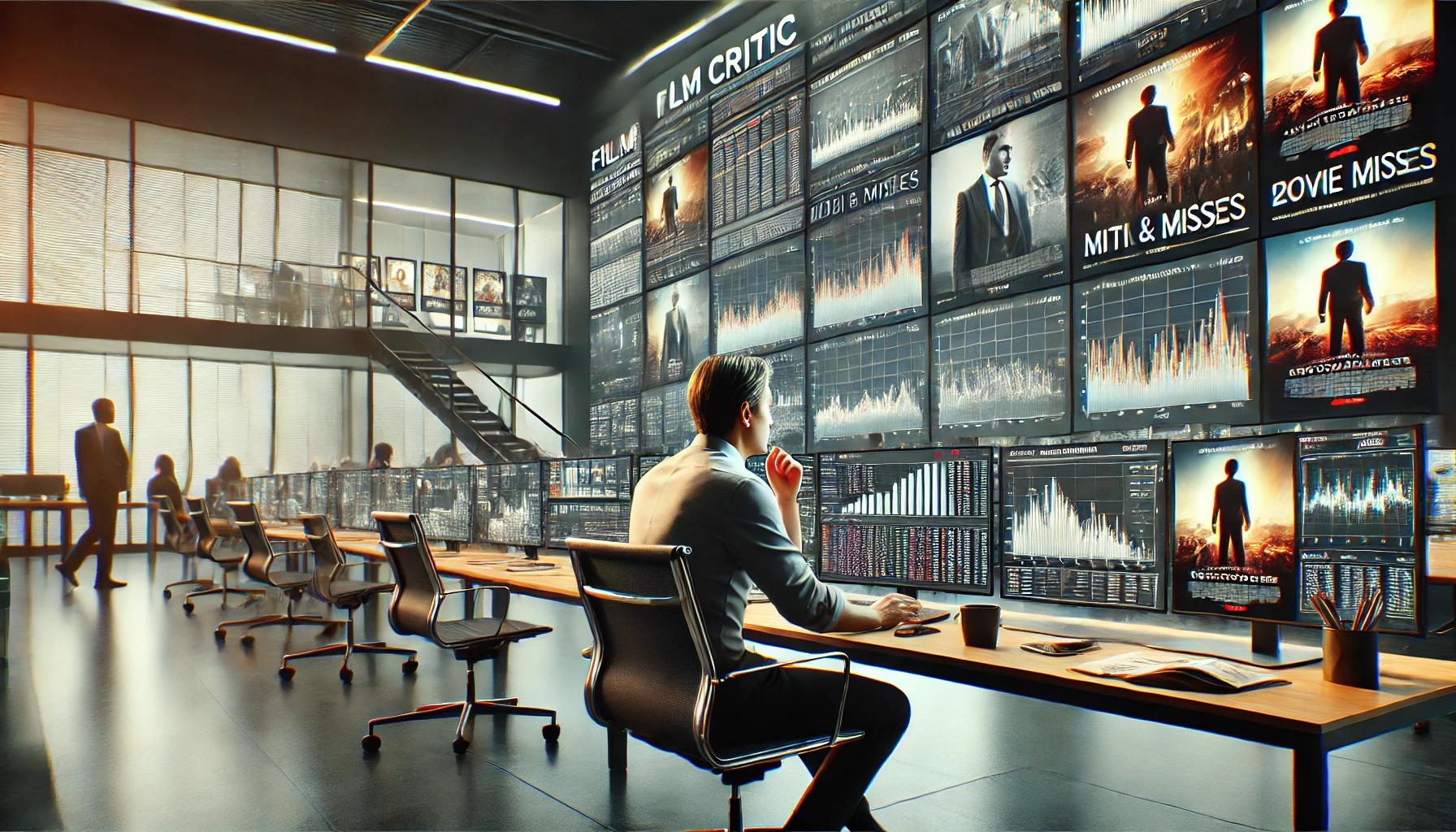 A film critic in a modern, high-tech office, reviewing cinema hits and misses on multiple screens. The setting reflects a professional atmosphere dedicated to understanding trends in the film industry.