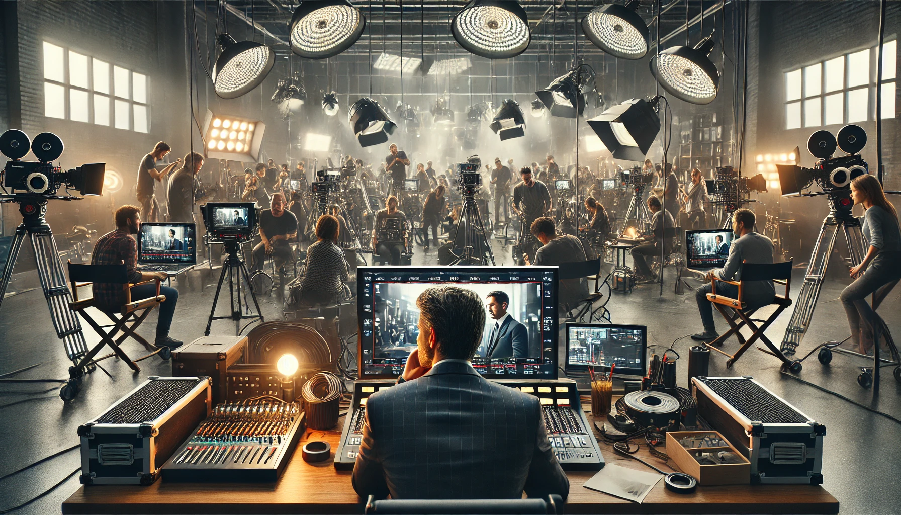 A  modern film studio with a director and crew in action.