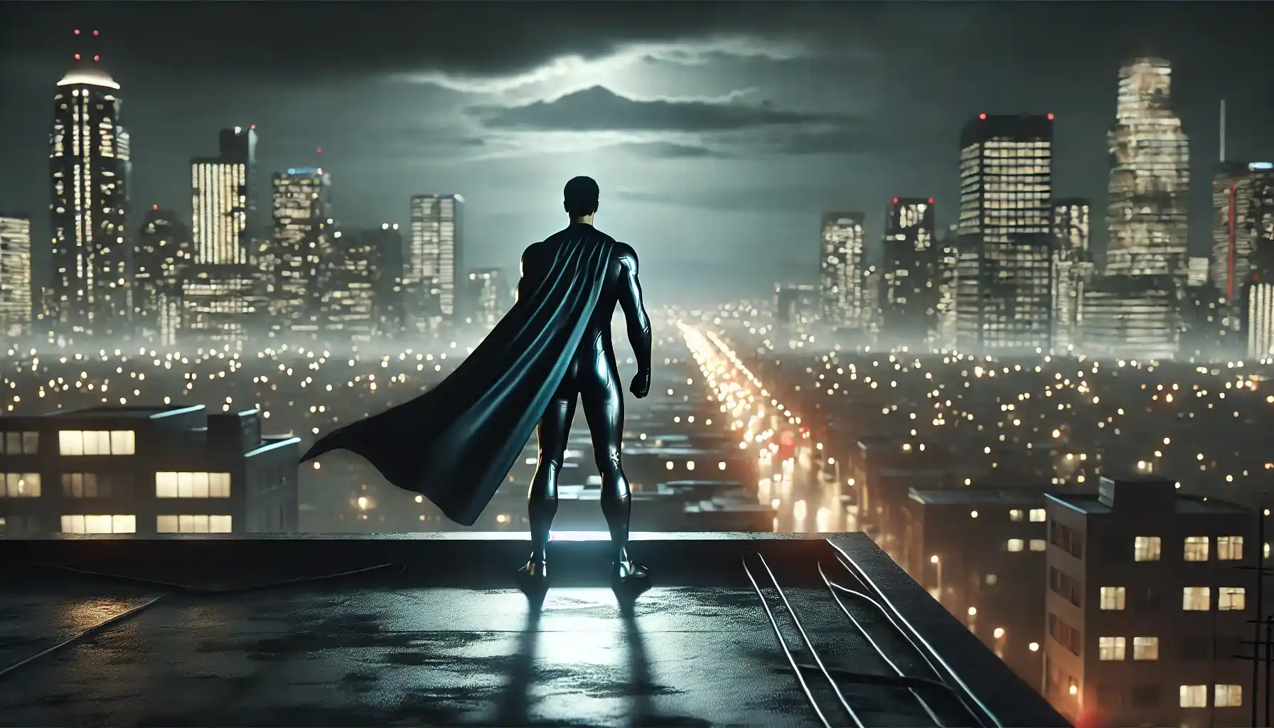A lone superhero is standing on a rooftop at night, overlooking a vast cityscape illuminated by streetlights. 